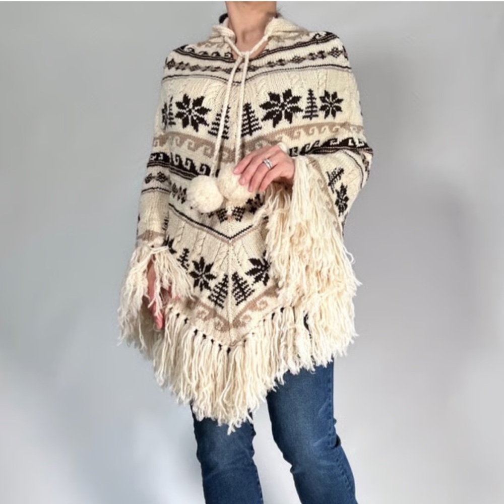 J. Crew Cream and Brown Nordic Fringe Poncho Sweater